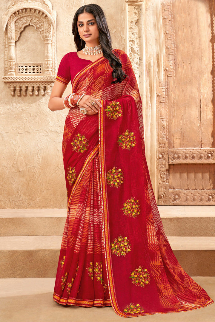 Red Color Festive Look Embellished Chiffon Saree
