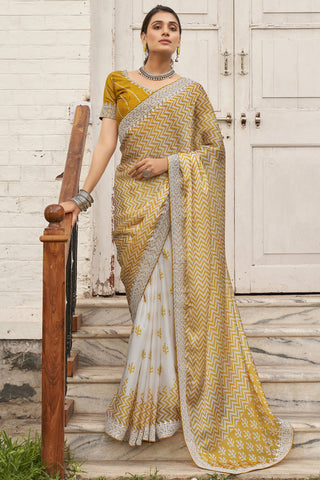 Organza Fabric Lace Work Yellow And Off White Color Sangeet Wear Trendy Saree