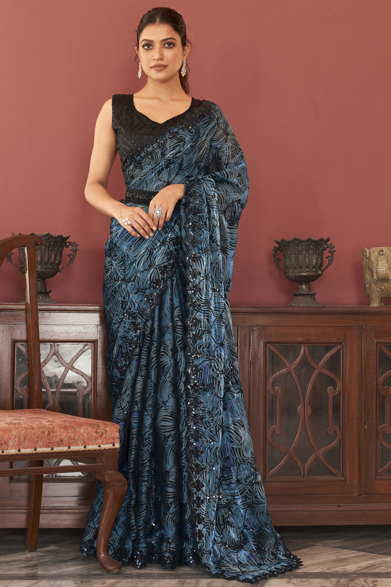 Blue Color Organza Fabric Sangeet Wear Lace Work Saree