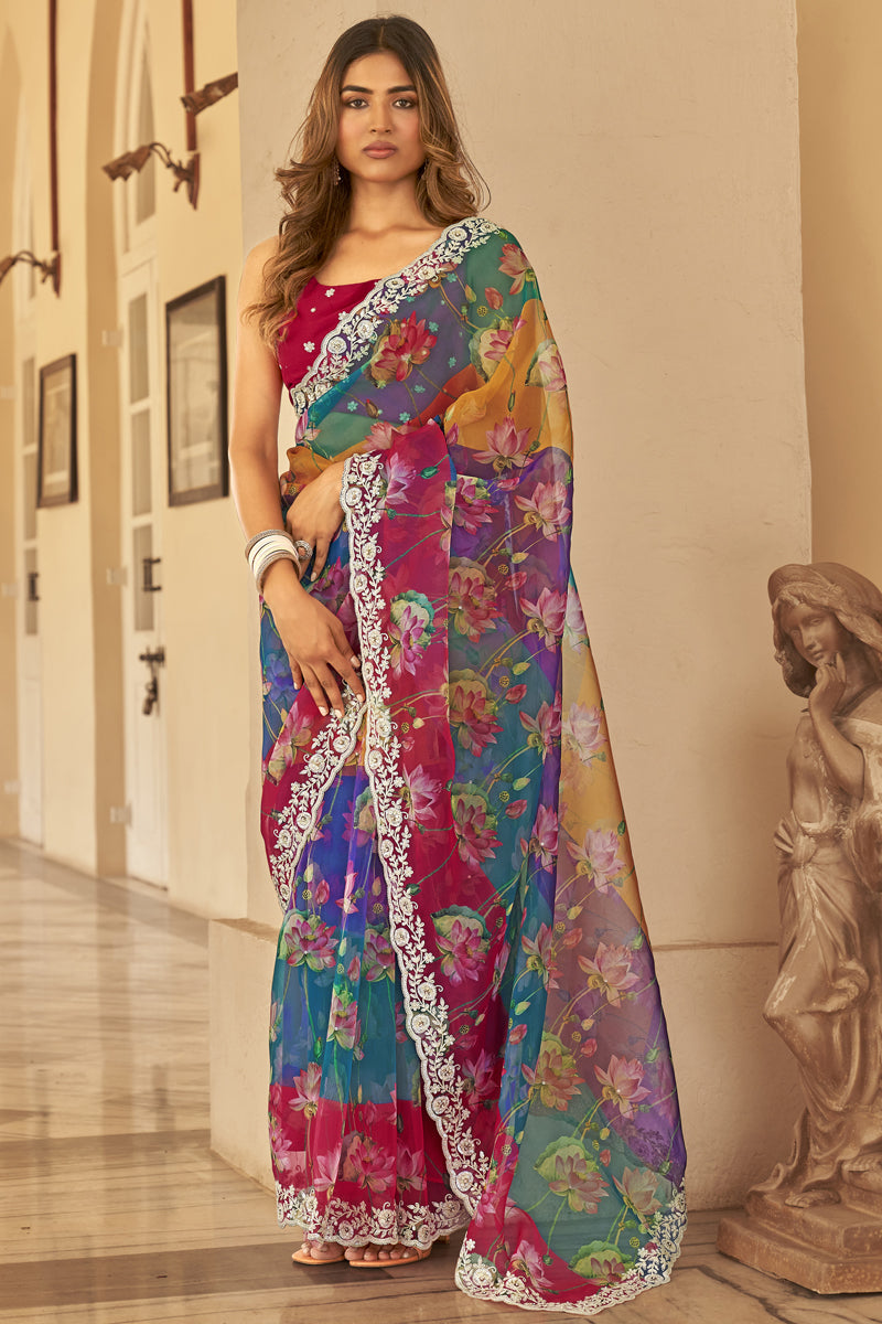 Multi Color Color Organza Fabric Lace Work Function Wear Fancy Saree