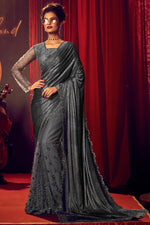 Load image into Gallery viewer, Grey Color Party Style Net Fabric Charismatic Saree

