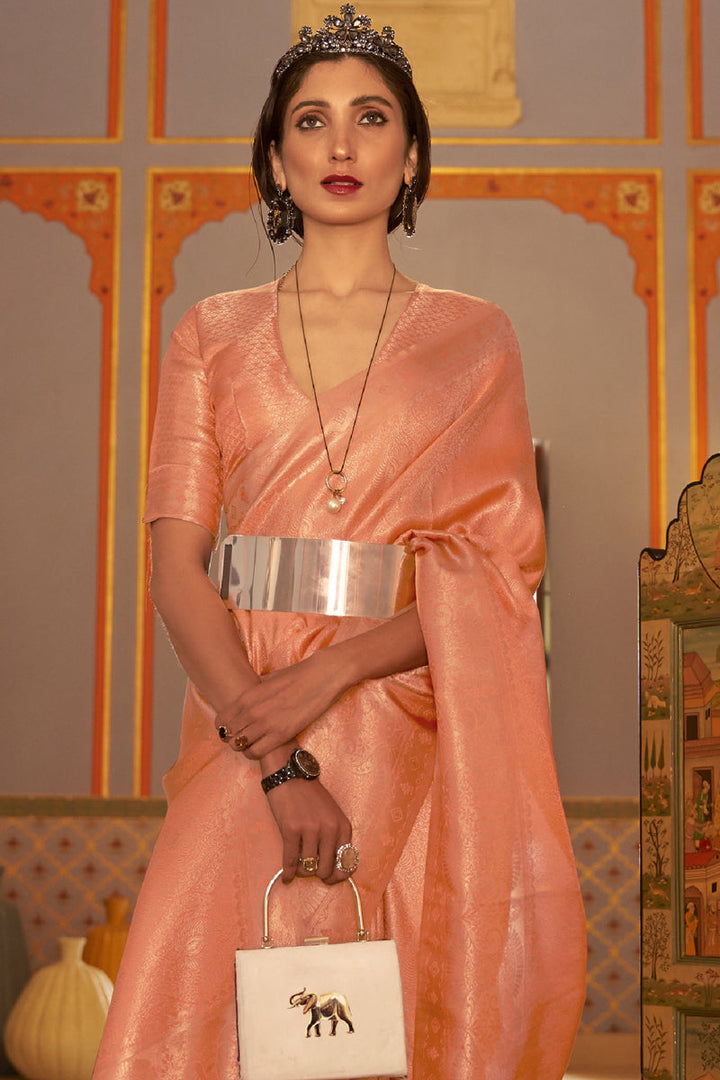 Sangeet Wear Art Silk Fabric Peach Color Saree With Weaving Work