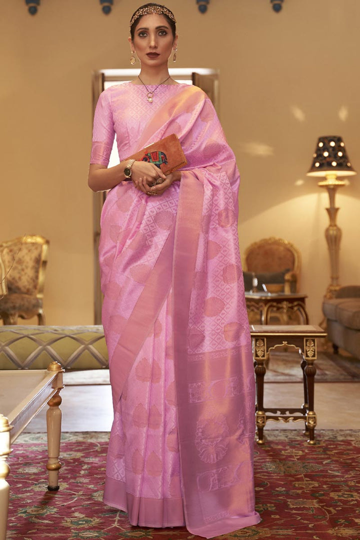 Pink Color Banarasi Style Attractive Art Silk Saree With Weaving Work