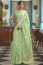 Load image into Gallery viewer, Cotton Fabric Sea Green Color Classic Party Wear Saree With Fancy Work

