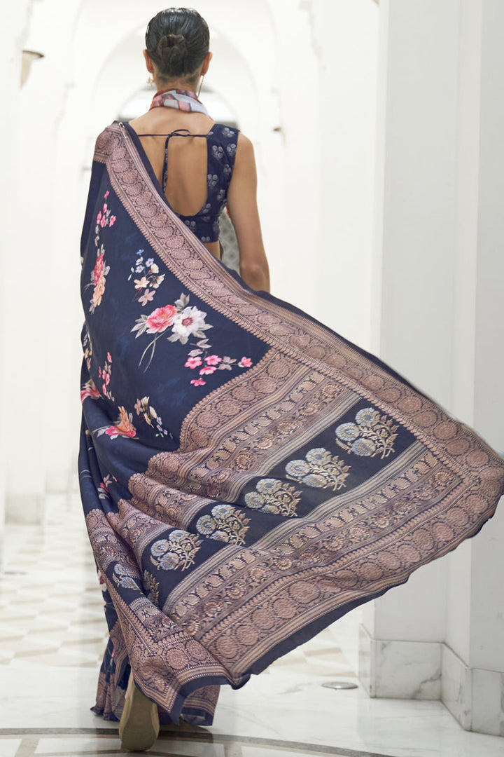 Daily Wear Digital Printed Navy Blue Color Trendy Saree