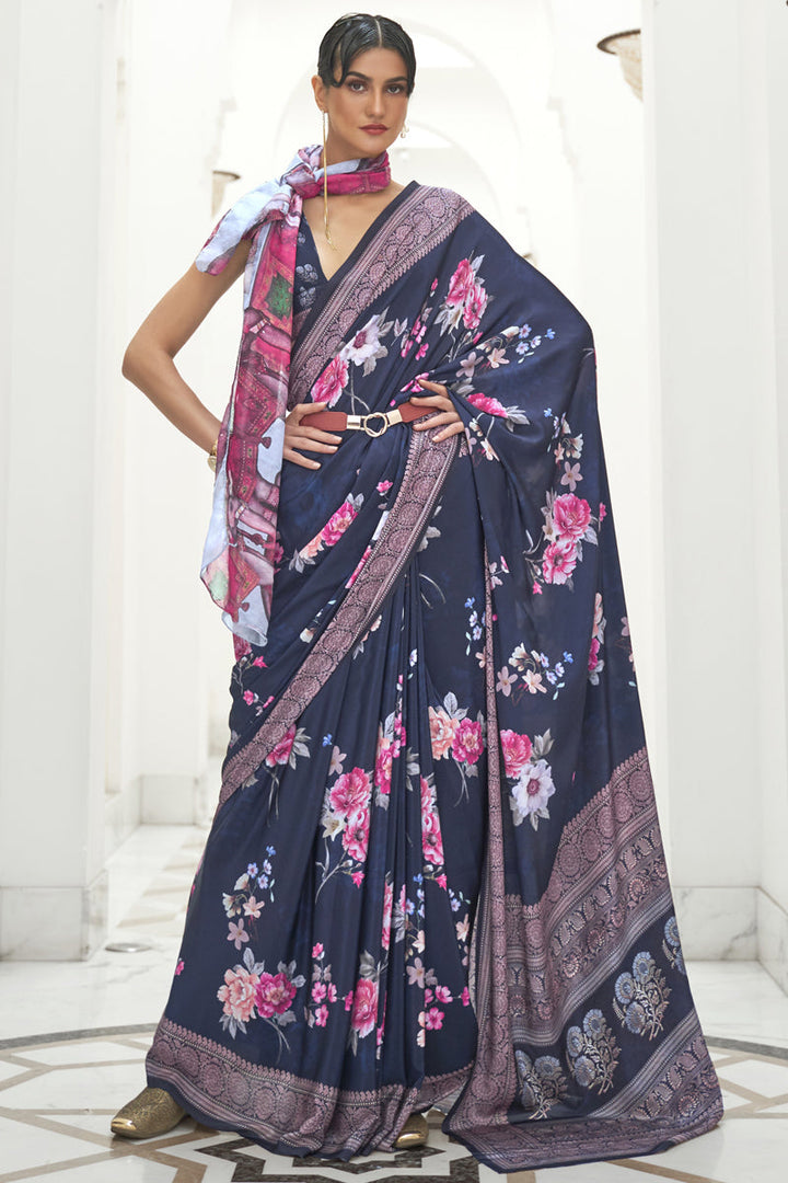 Daily Wear Digital Printed Navy Blue Color Trendy Saree