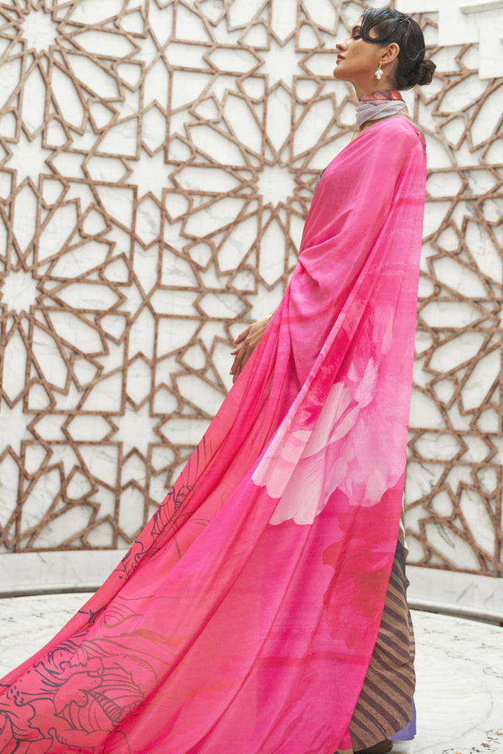 Digital Printed Crepe Silk Fabric Casual Wear Saree In Multi Color