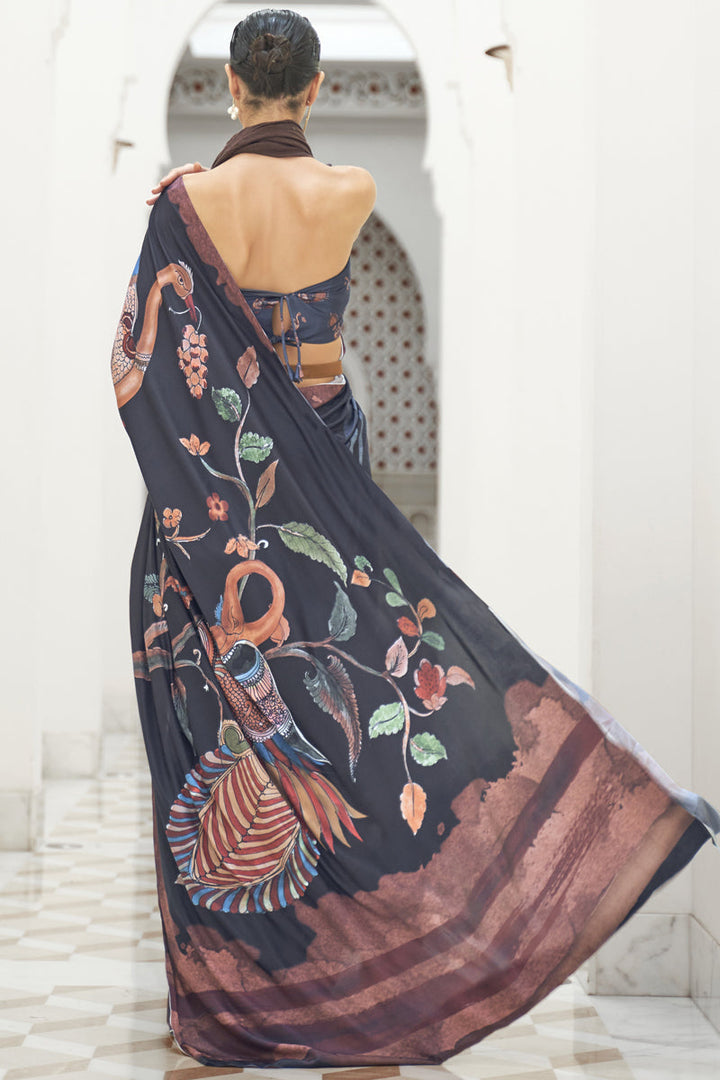 Daily Wear Digital Printed Black Color Crepe Silk Fabric Saree