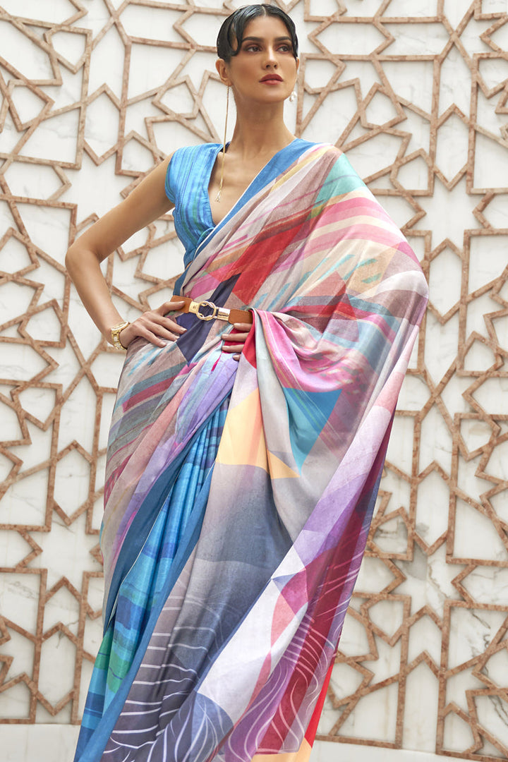 Multi Color Daily Wear Digital Printed Saree In Crepe Silk Fabric