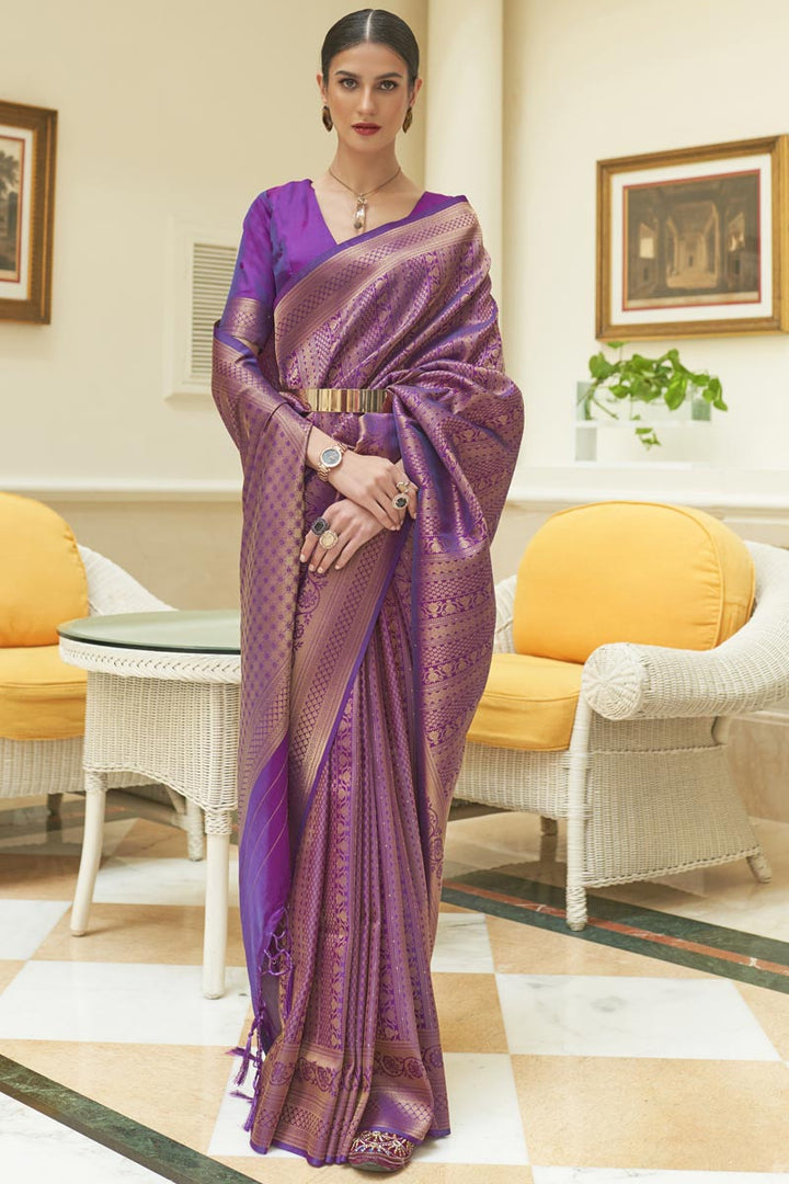 Appealing Art Silk Fabric Weaving Work Festive Wear Saree In Purple Color