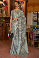 Load image into Gallery viewer, Weaving Work On Grey Color Radiant Linen Fabric Party Look Saree
