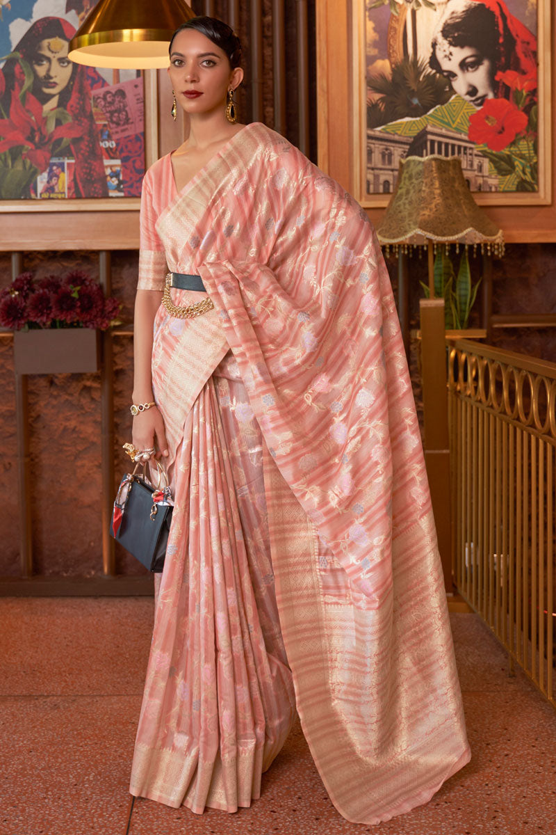Peach Color Fantastic Linen Fabric Party Look Saree With Weaving Work