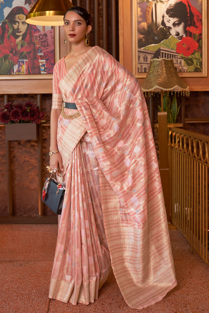 Peach Color Fantastic Linen Fabric Party Look Saree With Weaving Work