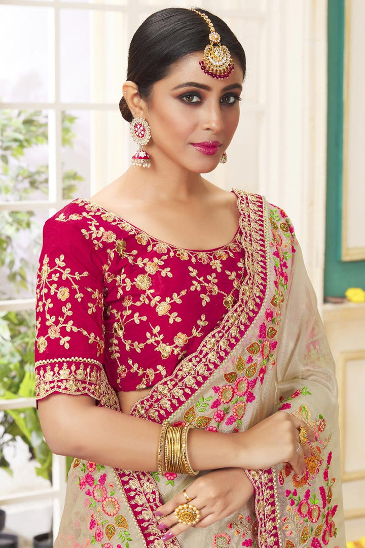 Alluring Embroidered Work On Tissue Fabric Beige Color Designer Saree