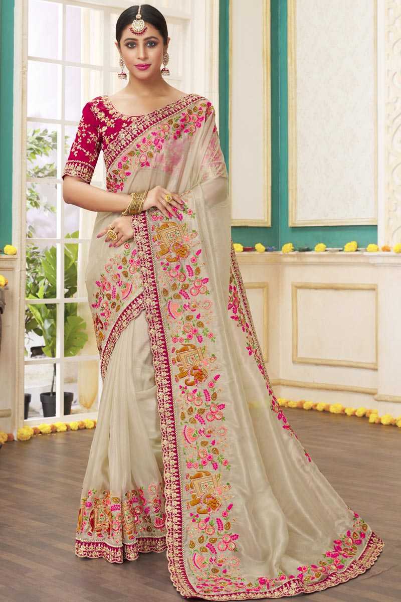 Alluring Embroidered Work On Tissue Fabric Beige Color Designer Saree