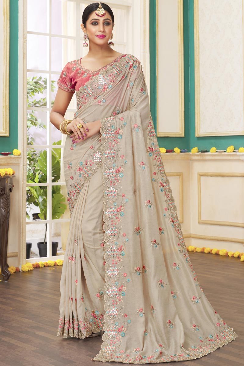 Attractive Embroidered Work On Function Wear Cream Color Saree In Tissue Fabric