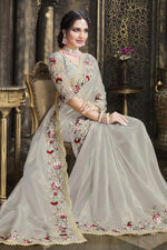Load image into Gallery viewer, Excellent Tissue Fabric Grey Color Embroidered Border Work Saree
