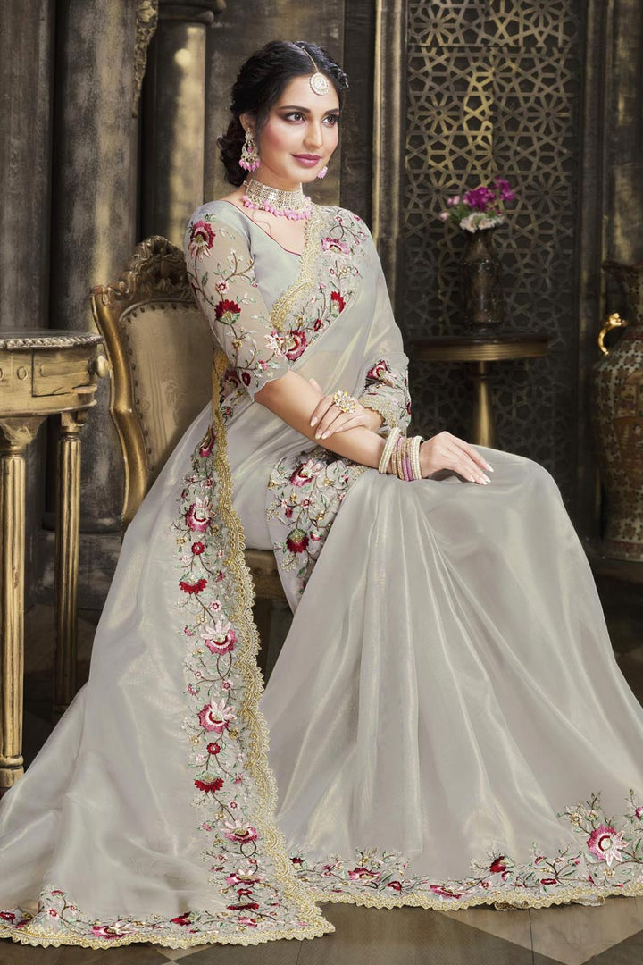 Excellent Tissue Fabric Grey Color Embroidered Border Work Saree