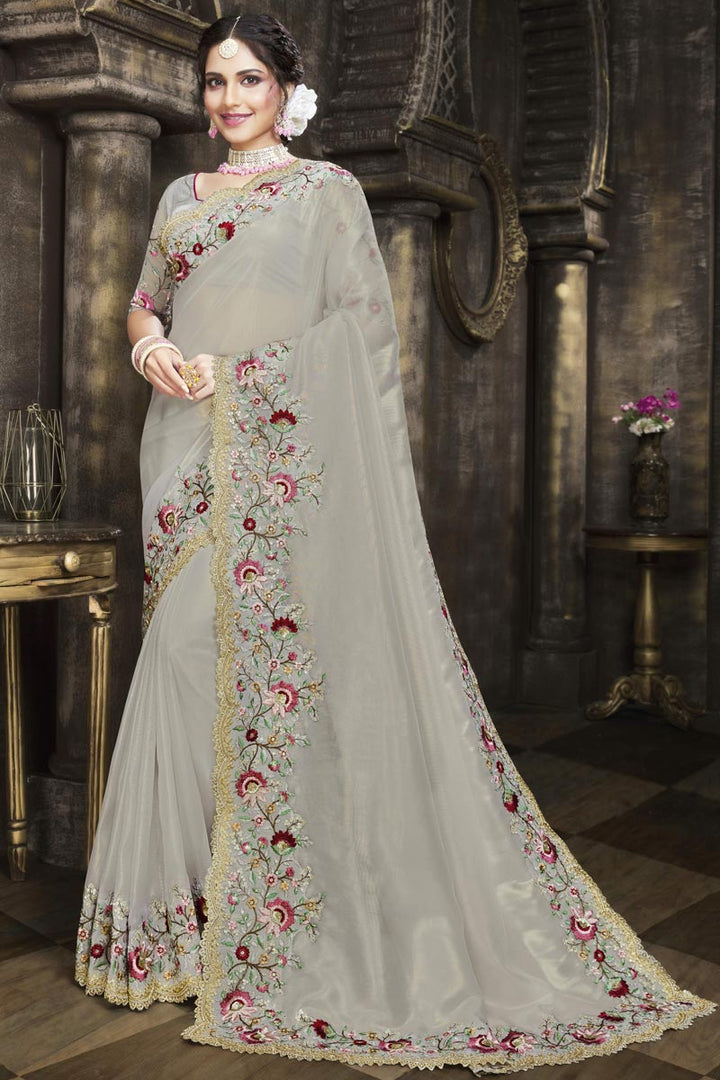Excellent Tissue Fabric Grey Color Embroidered Border Work Saree