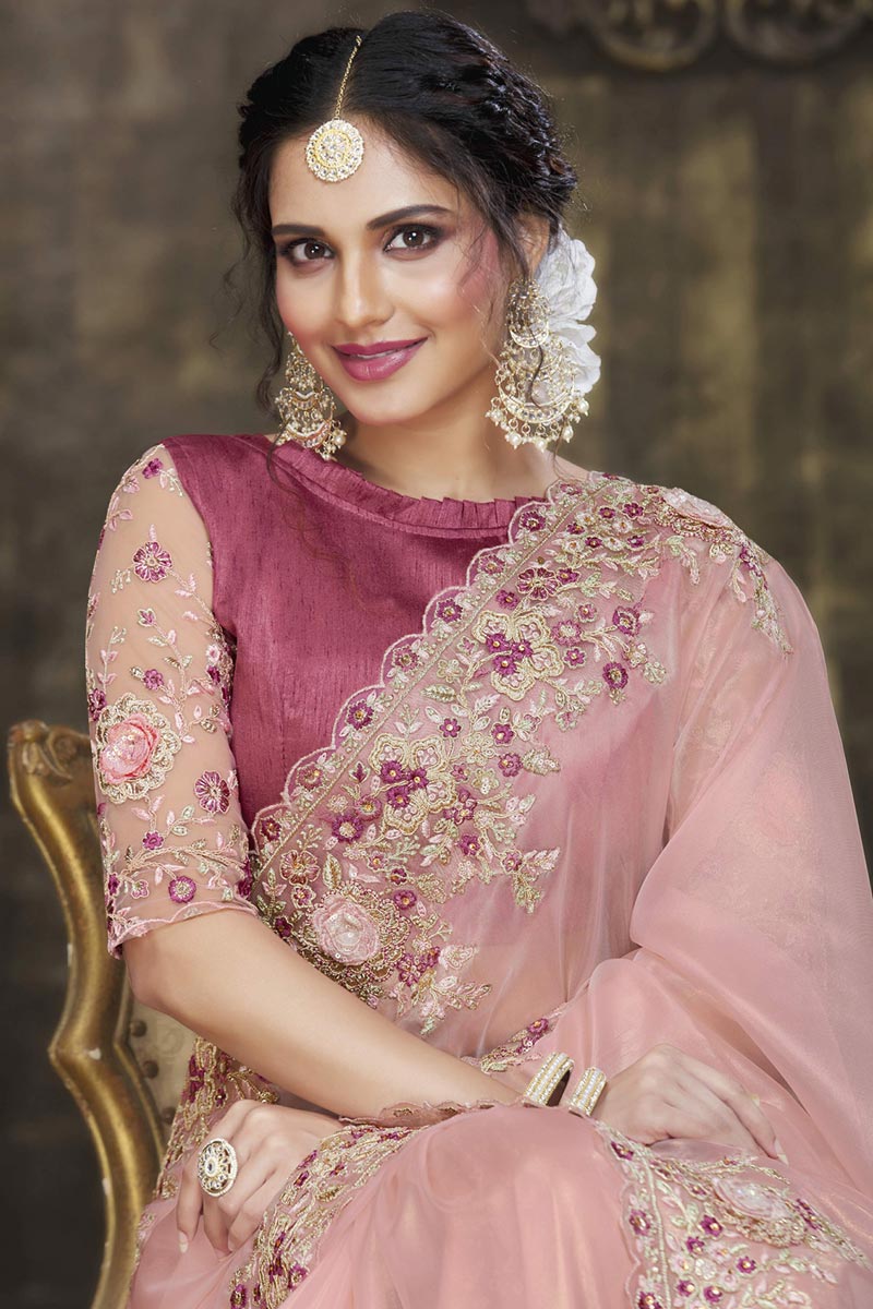 Tissue Fabric Beatific Embroidered Border Work Saree In Peach Color