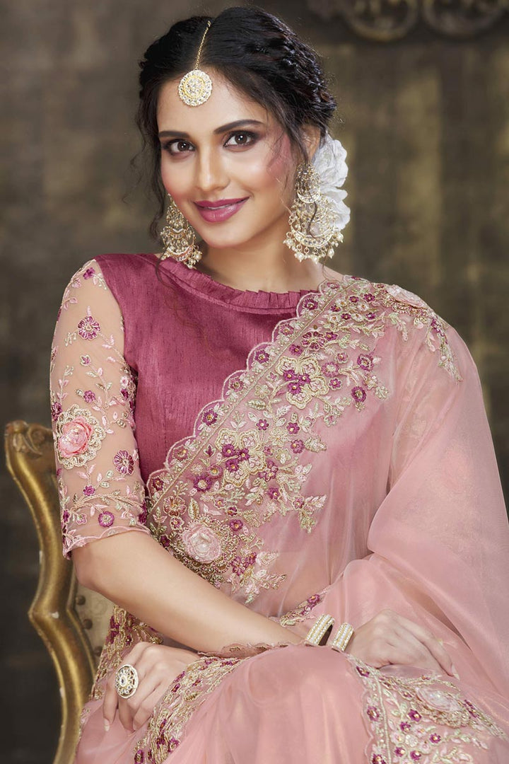Tissue Fabric Beatific Embroidered Border Work Saree In Peach Color