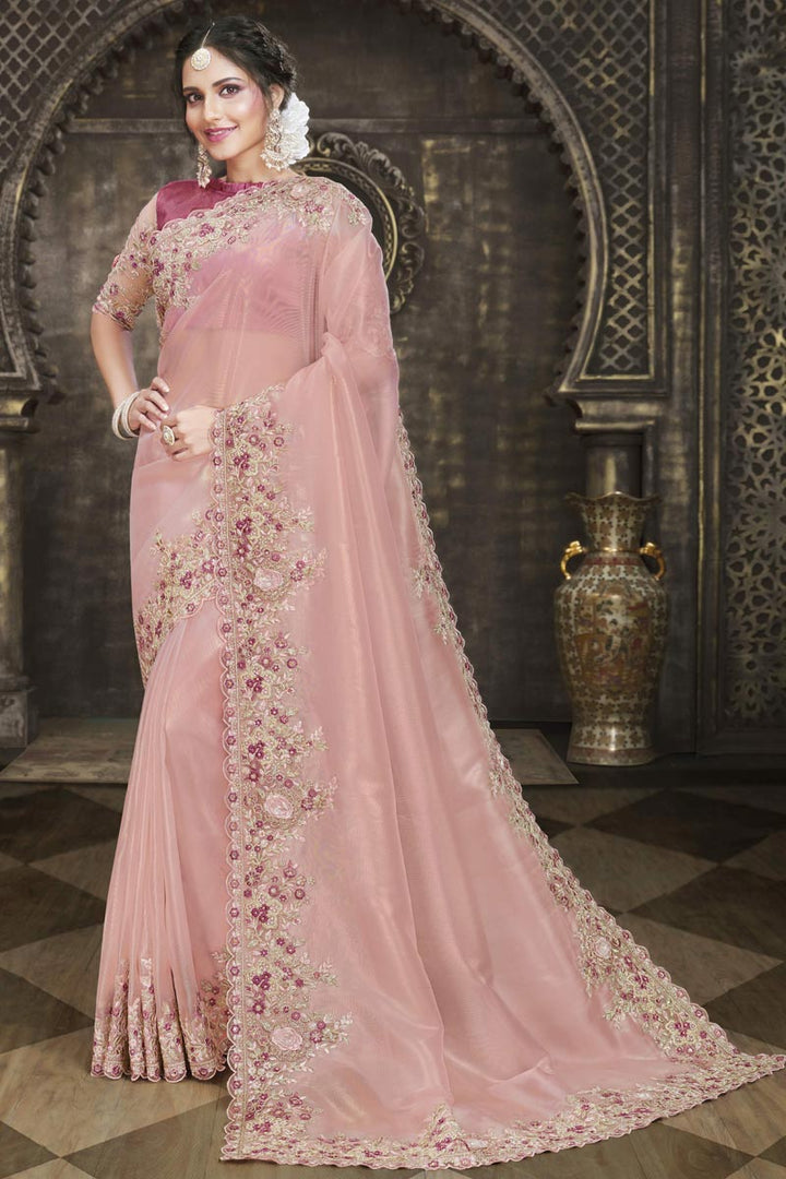 Tissue Fabric Beatific Embroidered Border Work Saree In Peach Color