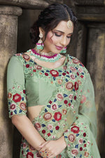 Load image into Gallery viewer, Beguiling Sea Sea Green Color Tissue Fabric Embroidered Border Work Saree
