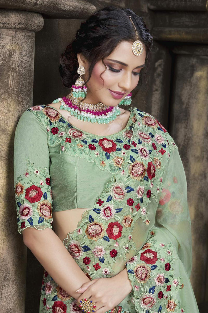 Beguiling Sea Sea Green Color Tissue Fabric Embroidered Border Work Saree