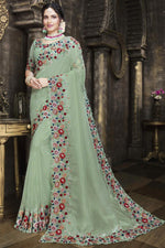 Load image into Gallery viewer, Beguiling Sea Sea Green Color Tissue Fabric Embroidered Border Work Saree
