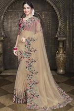 Load image into Gallery viewer, Incredible Tissue Fabric Chikoo Color Embroidered Border Work Saree
