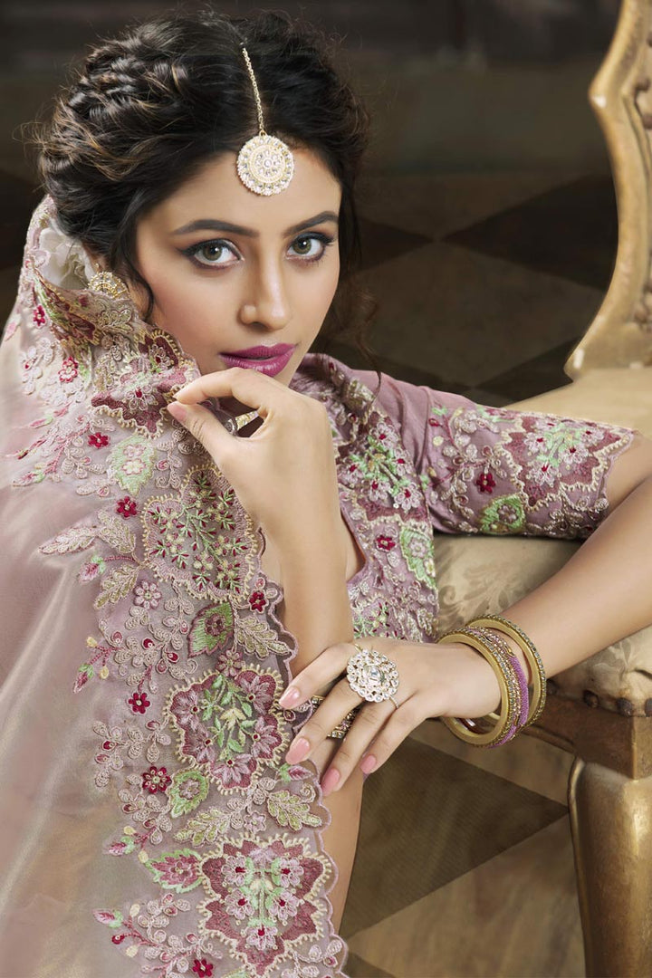Engaging Pink Color Tissue Fabric Embroidered Border Work Saree