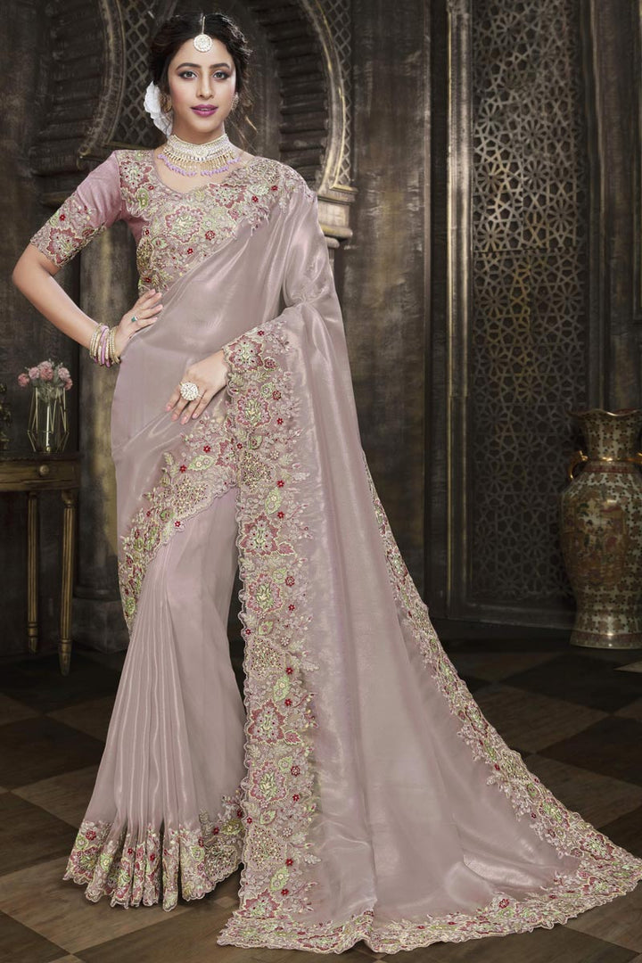 Engaging Pink Color Tissue Fabric Embroidered Border Work Saree