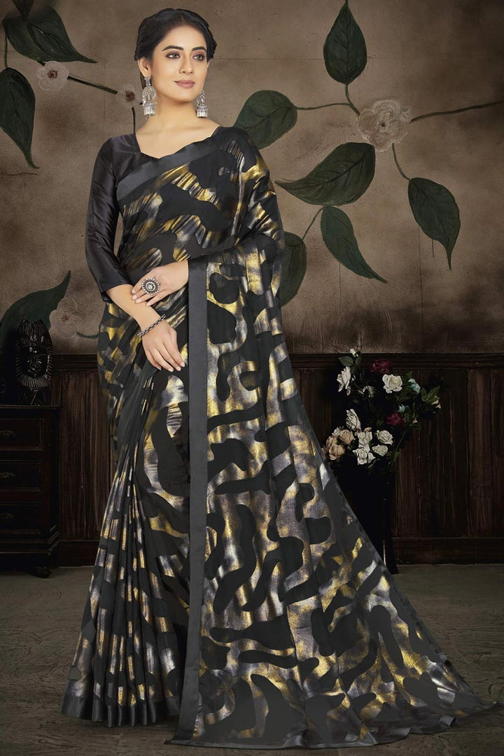 Brasso Fabric Black Color Delicate Party Style Saree