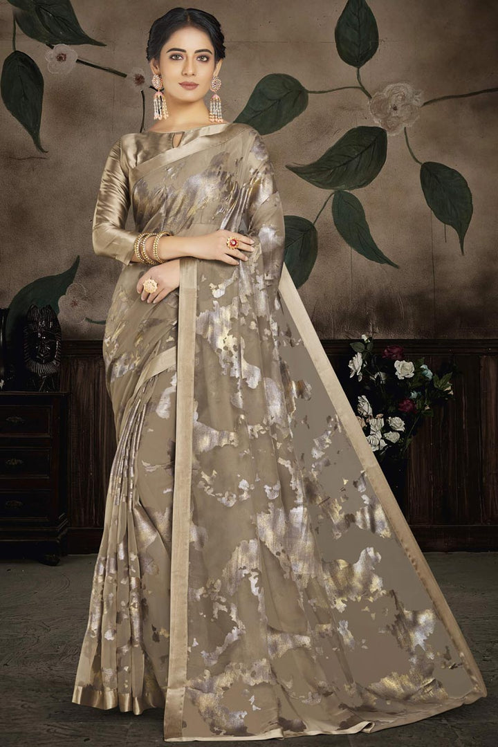 Beige Color Brasso Fabric Chic Party Style Saree