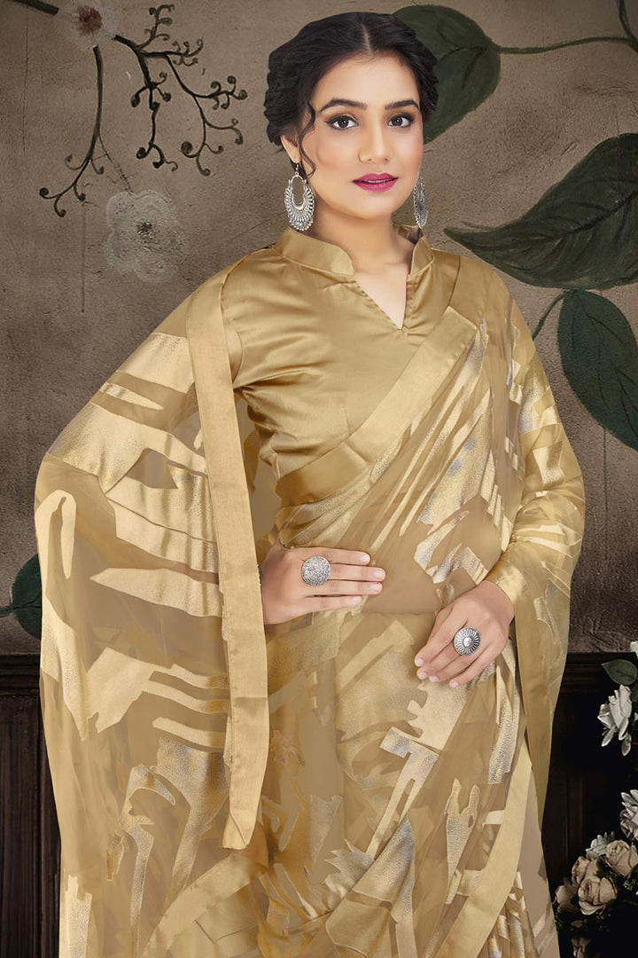 Brasso Fabric Cream Color Soothing Party Style Saree