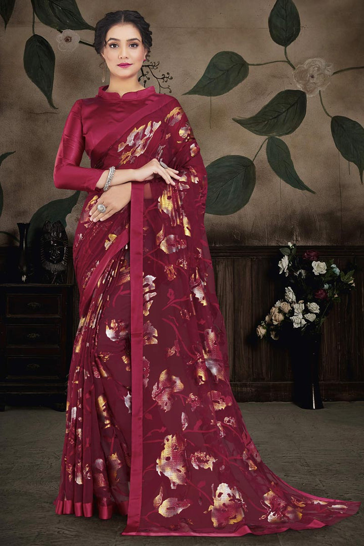 Brasso Fabric Wonderful Party Style Saree In Red Color