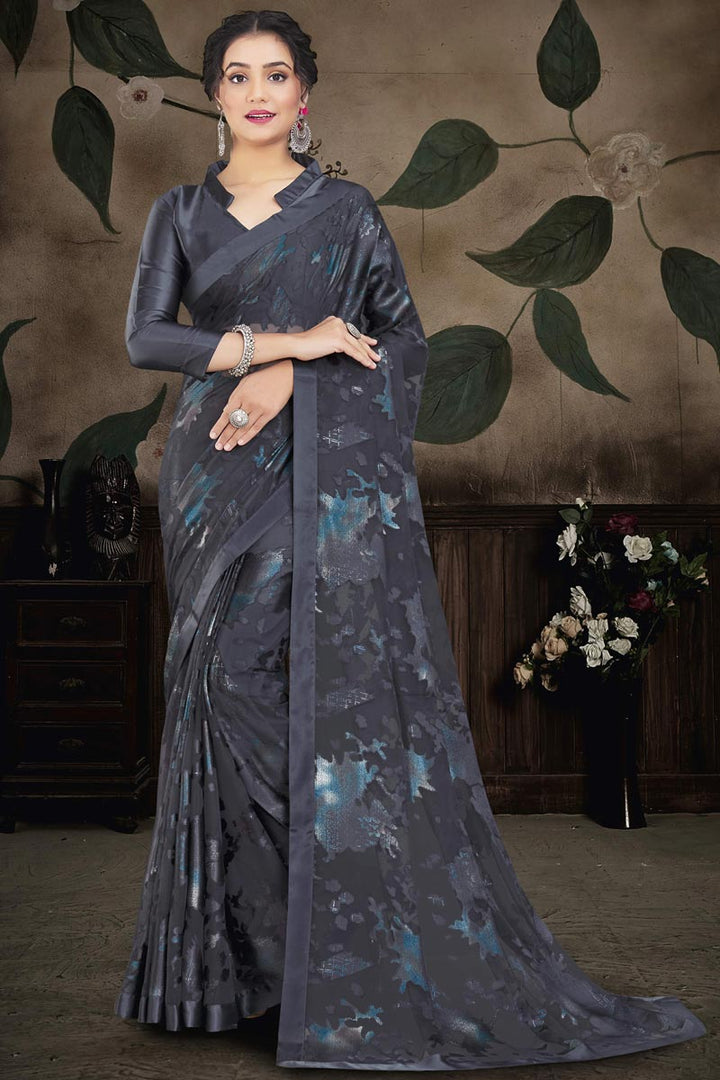 Glamorous Brasso Fabric Grey Color Party Style Saree