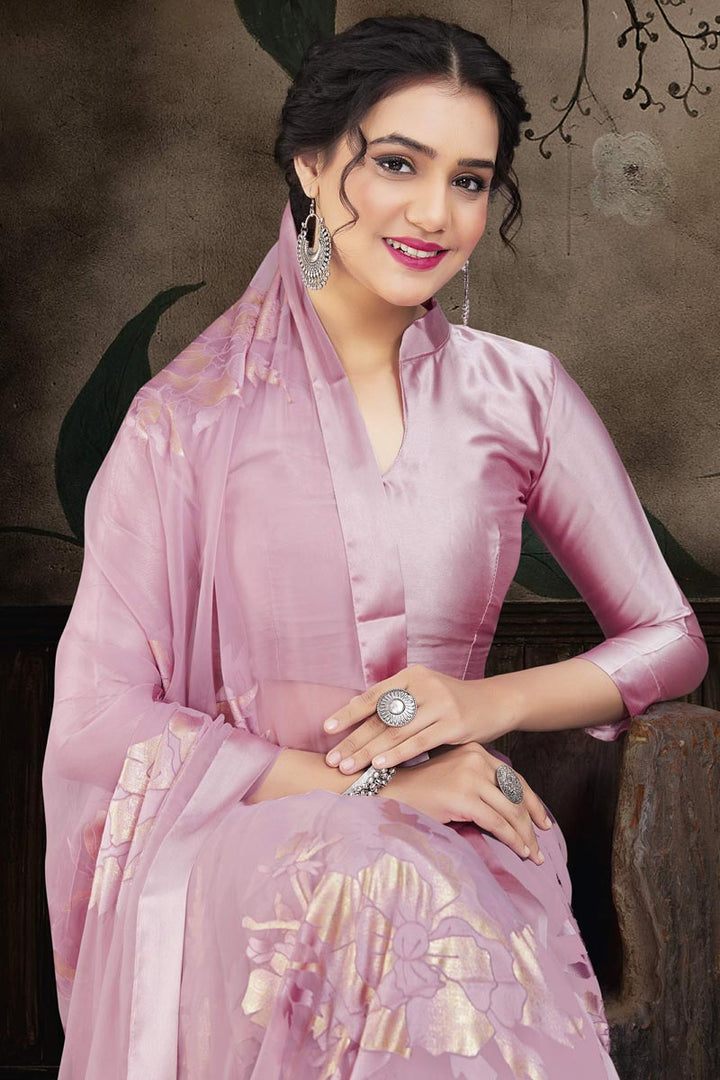 Pink Color Brasso Fabric Lovely Party Style Saree