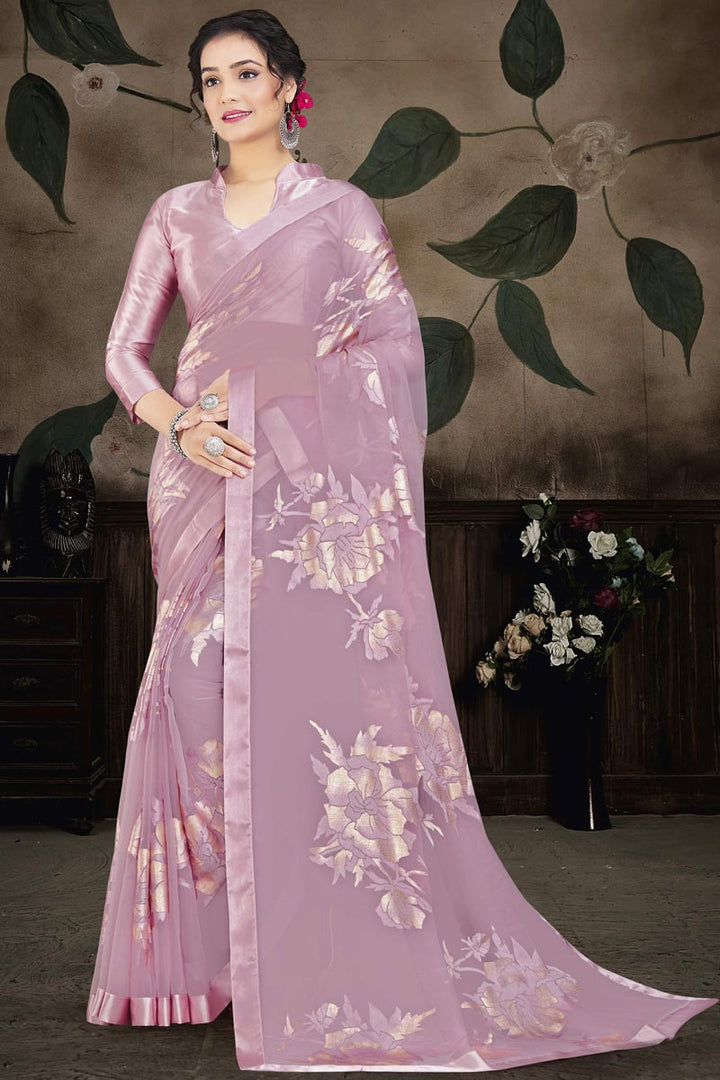 Pink Color Brasso Fabric Lovely Party Style Saree