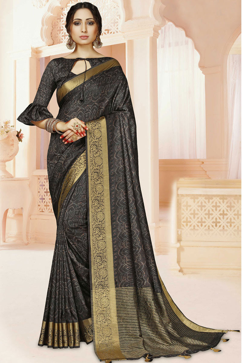 Attractive Silk Fabric Black Color Festival Wear Saree With Border Work