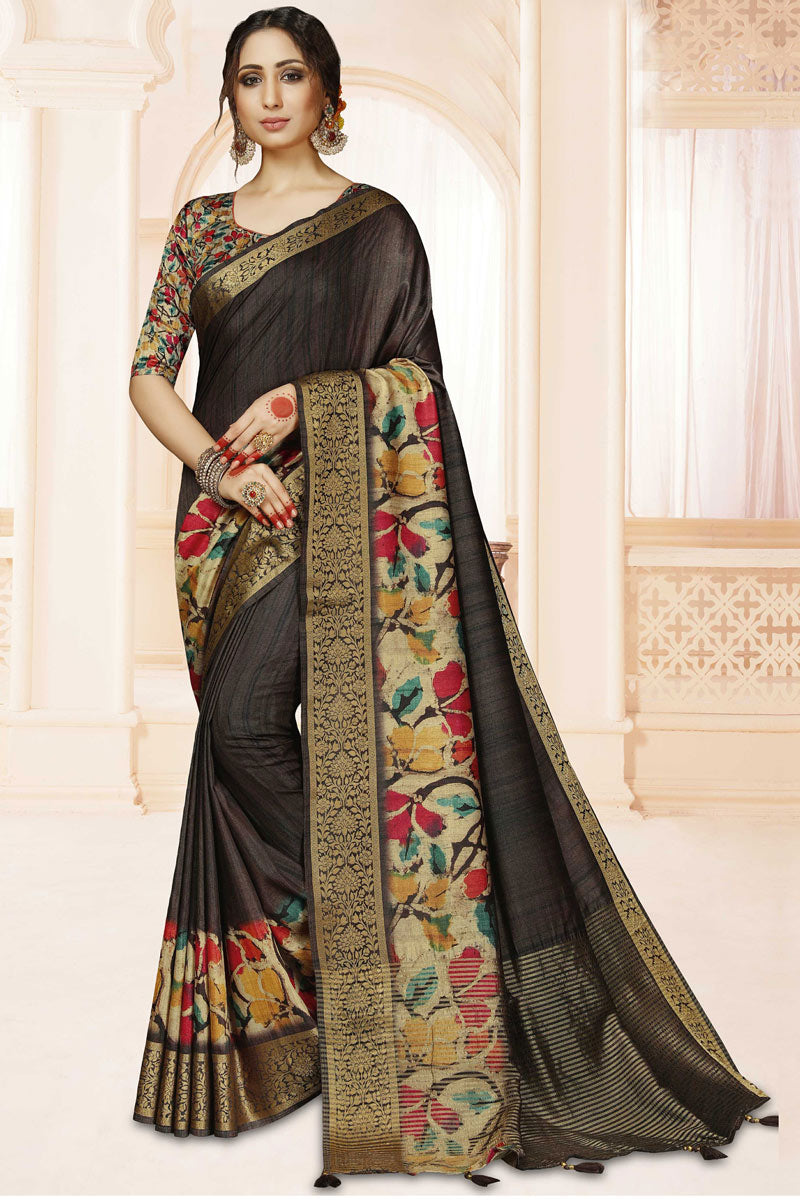 Silk Fabric Brown Color Festival Wear Border Work Saree