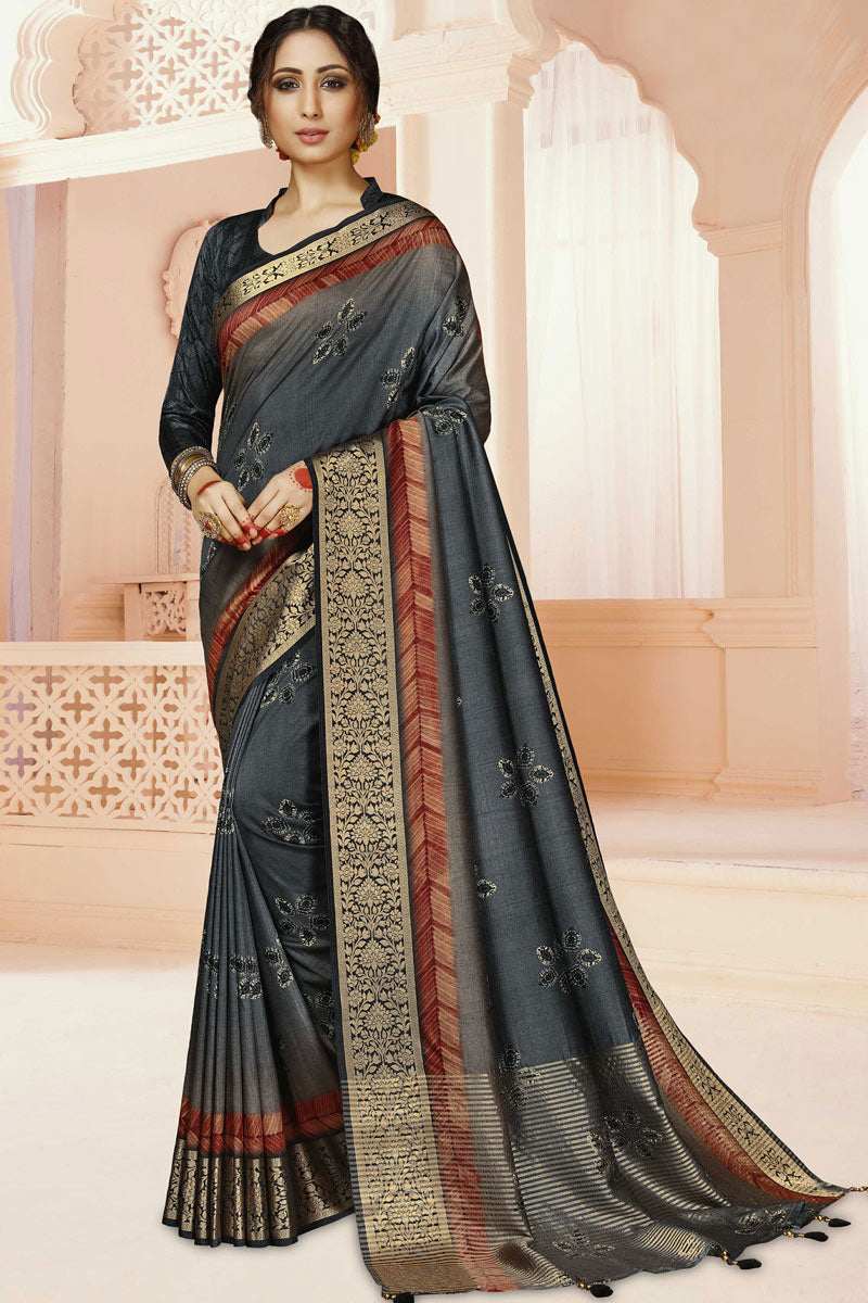 Radiant Border Work Grey Color Silk Fabric Festival Wear Saree