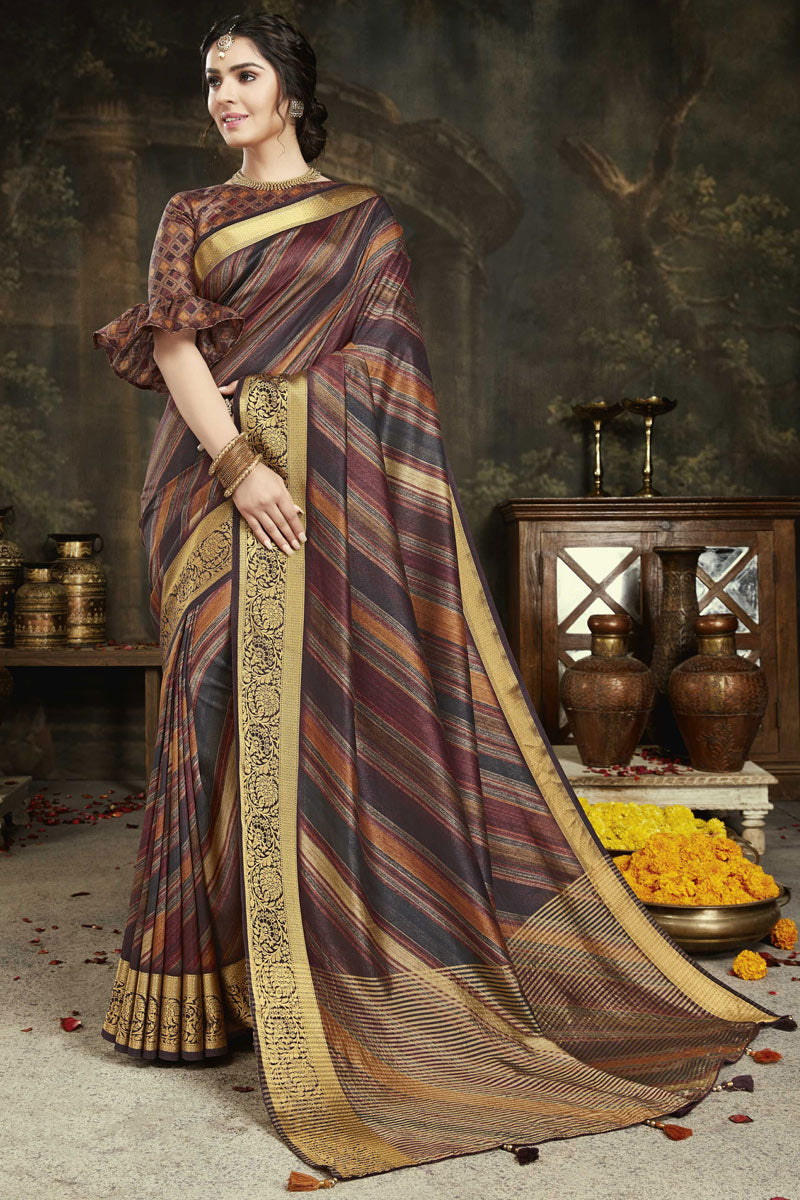 Multi Color Border Work Silk Fabric Festival Wear Stunning Saree