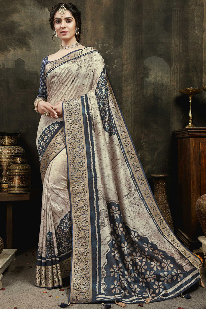 Attractive Border Work Fabulous Saree In Beige Color Silk Fabric