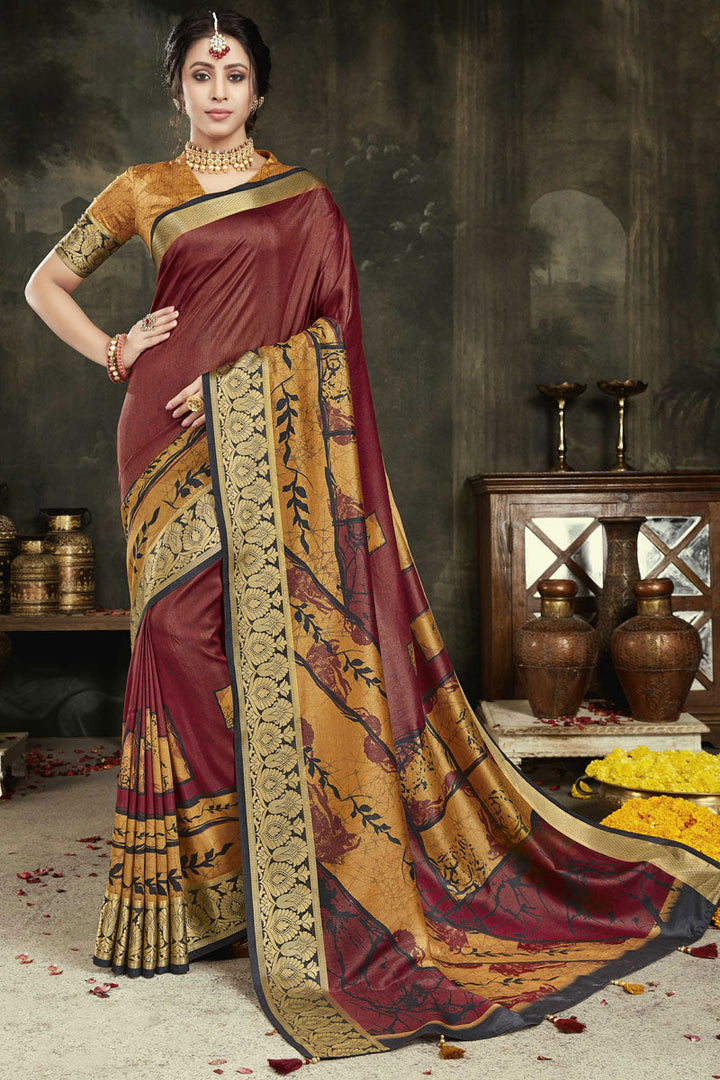 Alluring Silk Fabric Maroon Color Festival Wear Saree With Border Work