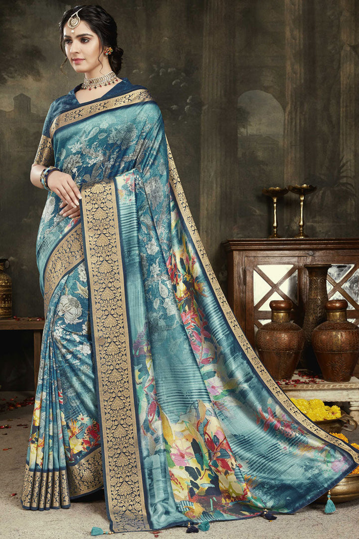 Border Work On Sky Blue Color Festival Wear Classic Saree In Silk Fabric
