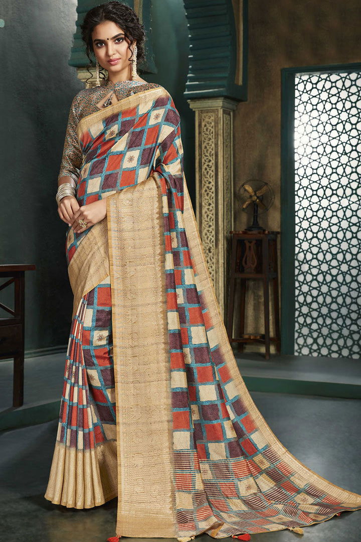 Attractive Border Work On Designer Saree In Beige Color Silk Fabric