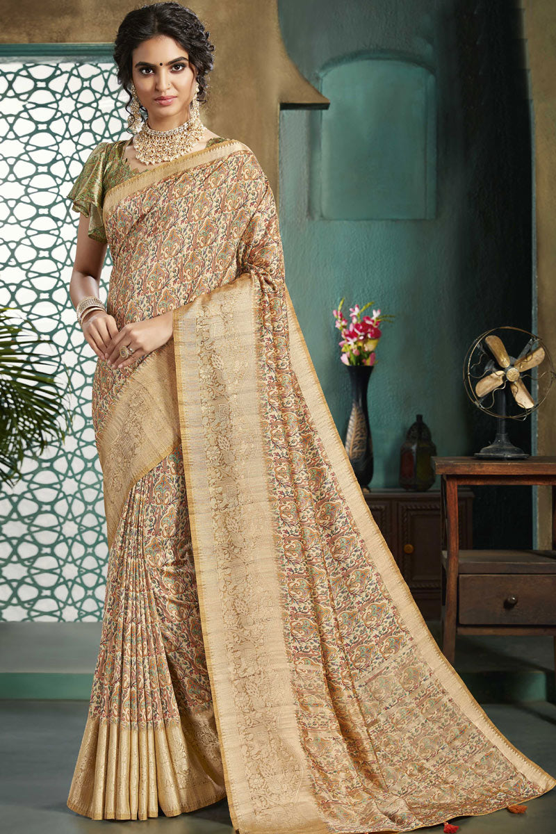 Border Work On Beige Color Festival Wear Classic Saree In Silk Fabric