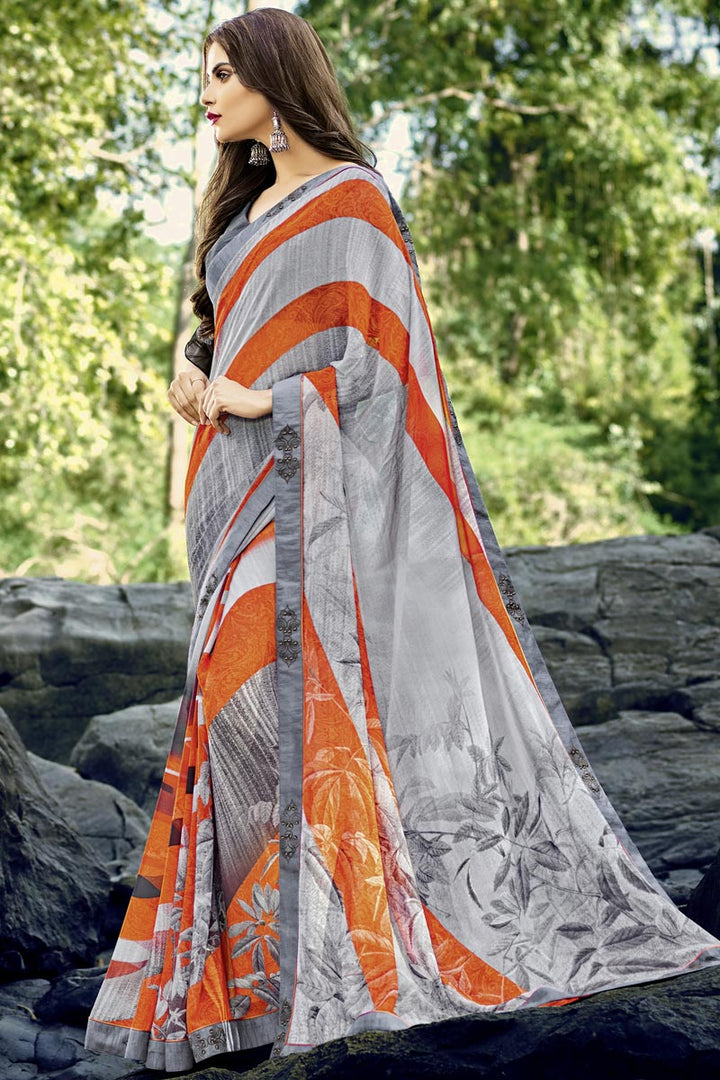 Daily Wear Georgette Fabric Printed Saree In Grey Color