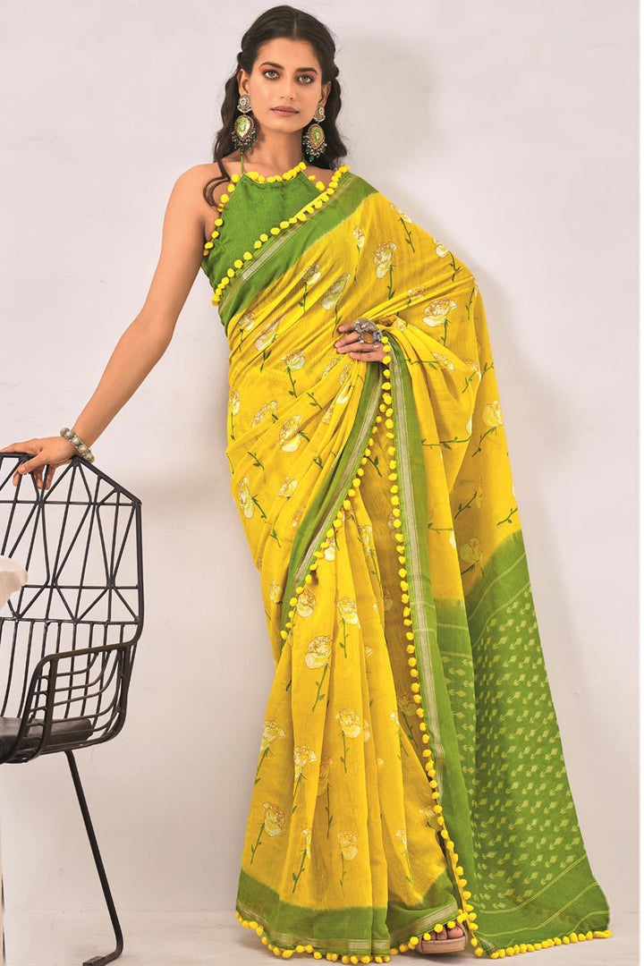 Yellow Color Casual Look Beguiling Cotton Printed Saree